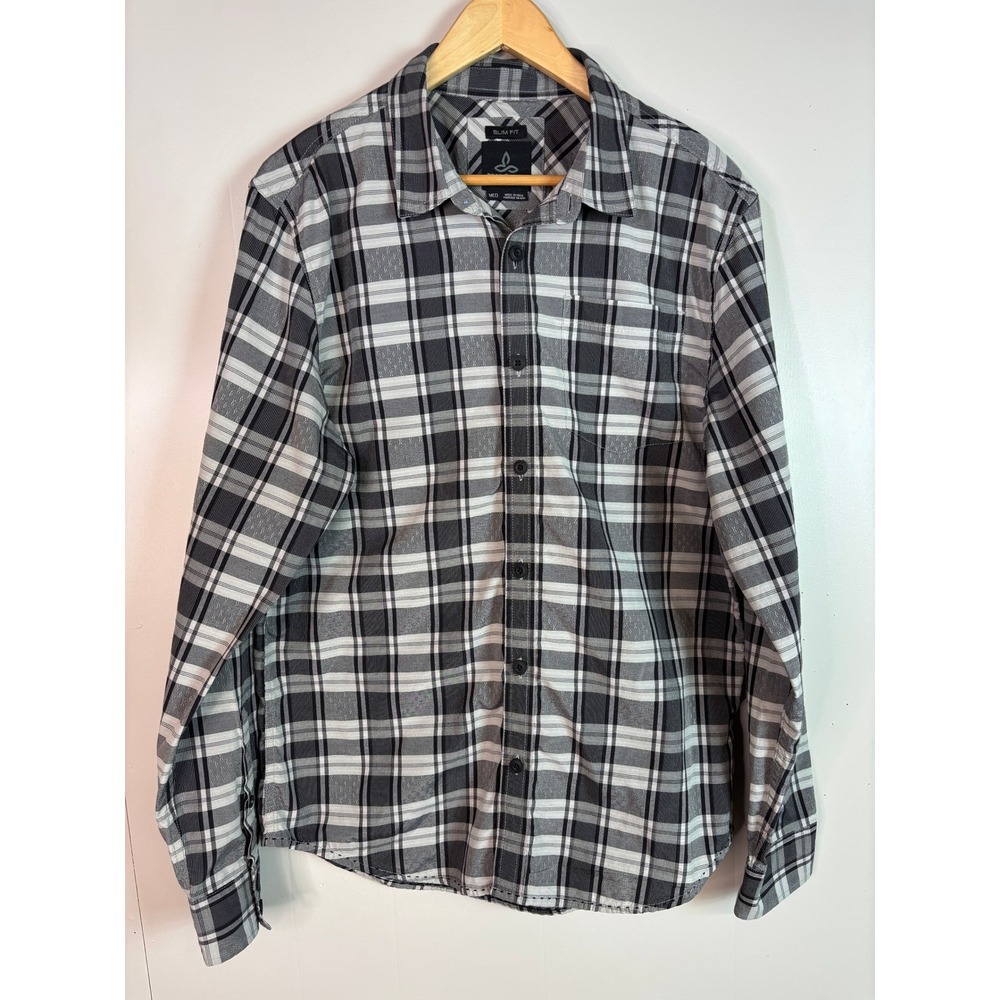 PrAna Button Down Shirt Medium Black White Plaid Slim Fit Western Mens